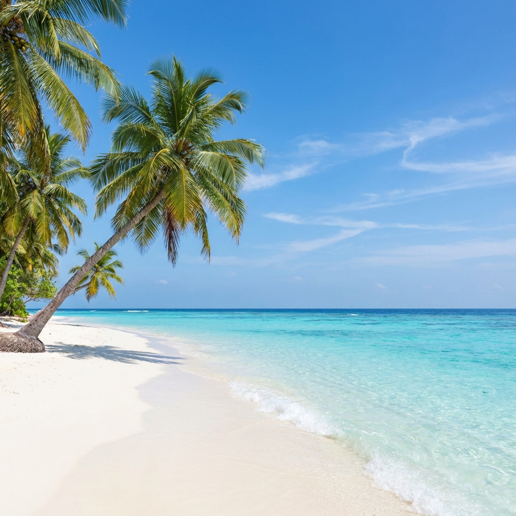 A pristine tropical beach with white sand and turquoise water, palm trees swaying gently, clear blue sky, photorealistic, serene atmosphere